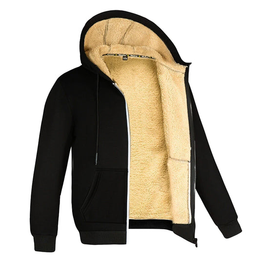 Unisex Winter Lambswool Hoodie – Thick Warm Fleece Jacket with Zipper, Black Casual Coat