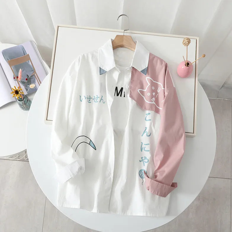 New 2025 Spring Women Hooded Shark Print Japanese Style Patchwork Harajuku Hoodie Jacket