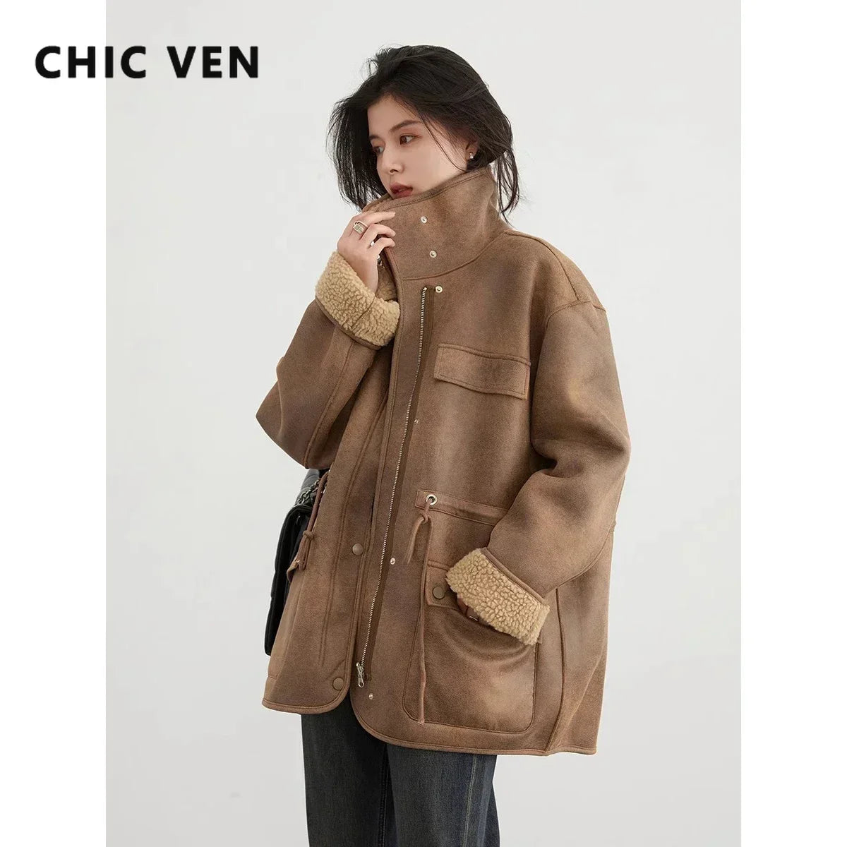 CHIC VEN Women's Thick Warm Solid Suede Reversible Motorcycle Jacket Loose Overcoat Winter Autumn 2023