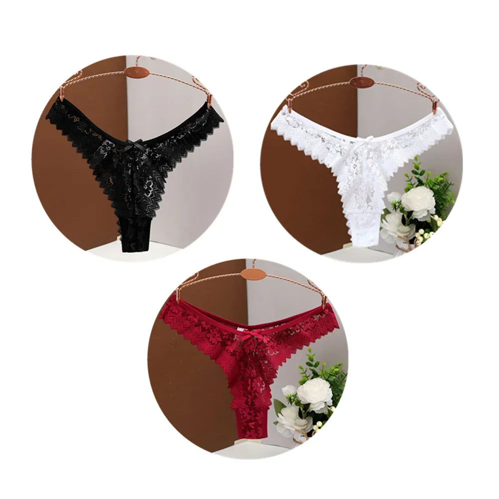 3PC Sexy T-Back Thong Panties for Women – Mid Waist Lace Transparent V-Shape Underwear