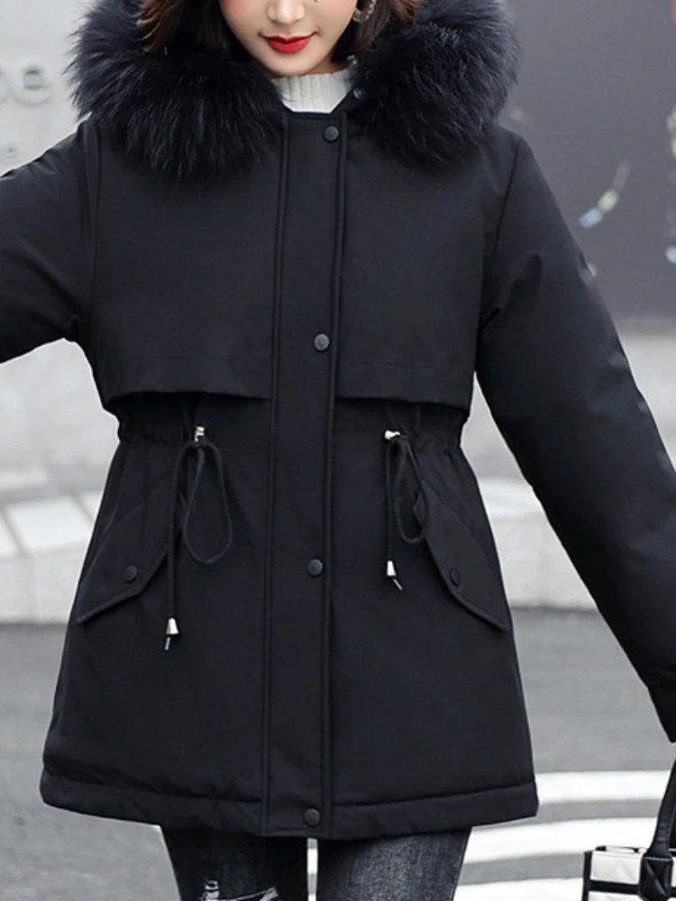 New Women Parka Long Coat with Wool Liner, Hooded Winter Jacket, Slim Fit with Fur Collar, Warm Snow Wear Padded Clothes