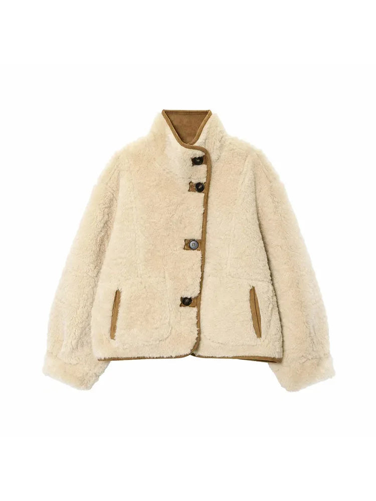 Women 2025 Double-Sided Lamb Velvet Coat Stand Collar Single-Breasted Short Jacket