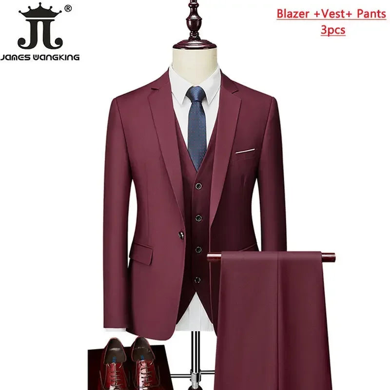 M-6XL 15 Colors Men's 3-Piece Formal Suit – Jacket, Vest & Pants for Business, Groom & Wedding