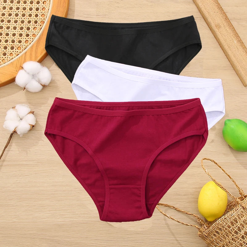 3PCS Set Women's Cotton Jacquard Panties Solid Color Sexy Briefs Underwear S-XL
