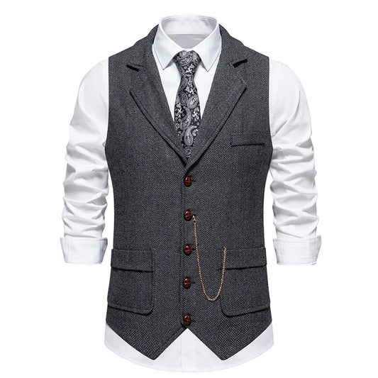 Men's Retro Tweed Suit Vest – Vintage Herringbone Gentleman Party Waistcoat