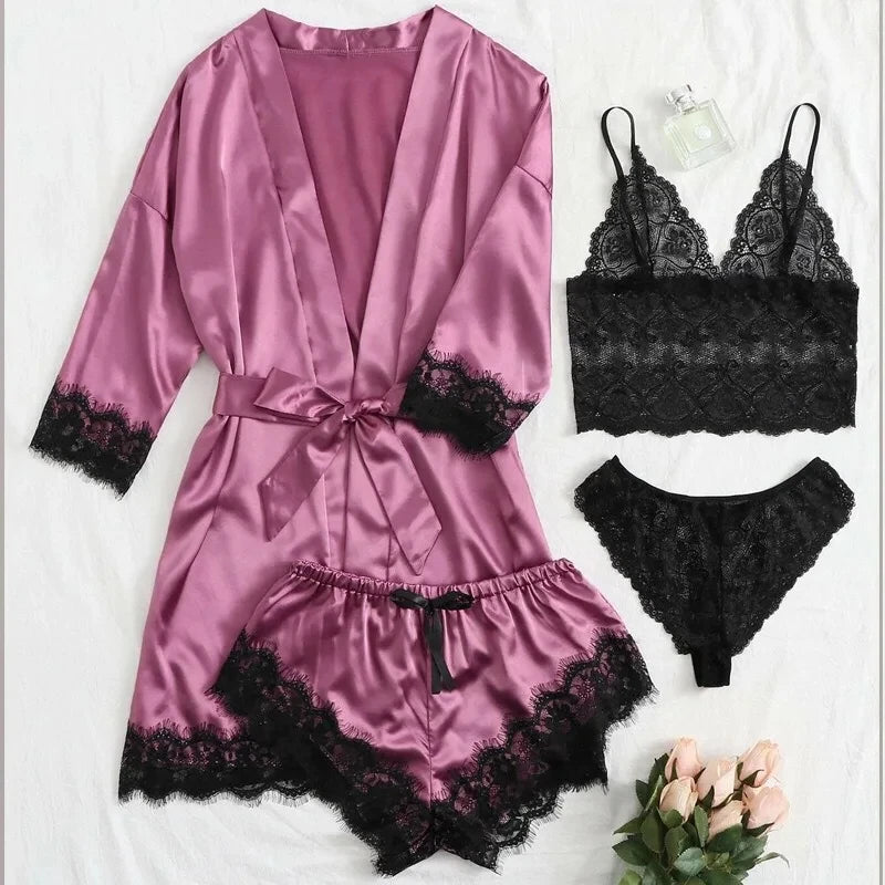 Women's Sexy Lace Trim Faux Silk Satin Pajama Set – Comfortable Loungewear