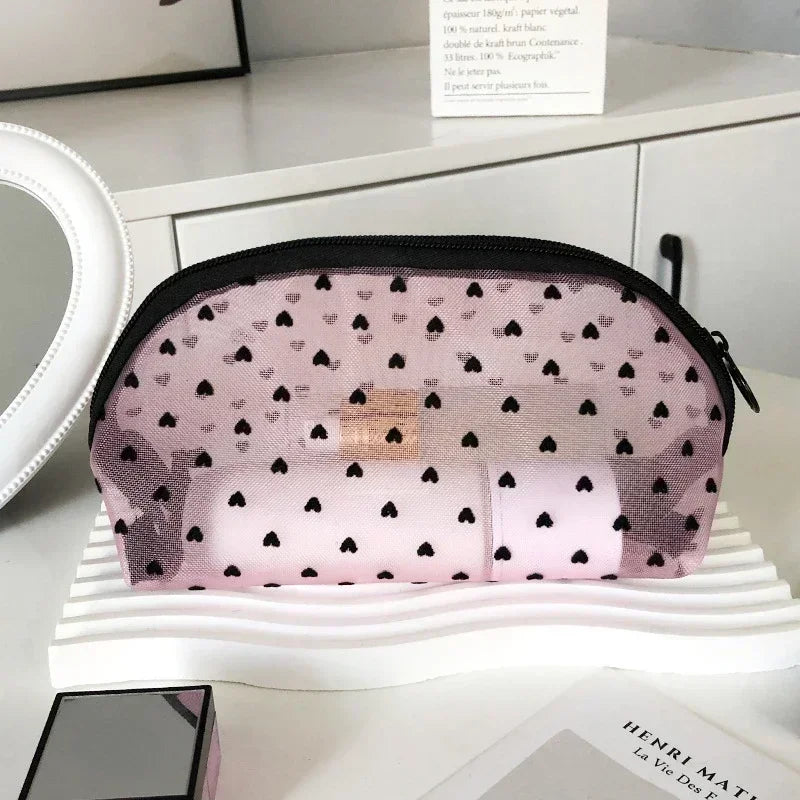 Nylon Mesh Cosmetic Bag | Heart-Shaped Toiletry Organizer for Women | Multi functional Makeup, Lipstick, Key & Coin Pouch