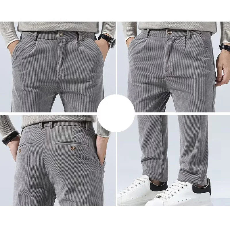 Men's High-Quality Corduroy Thermal Pants – Khaki Narrow Leg Casual Autumn Winter Trousers