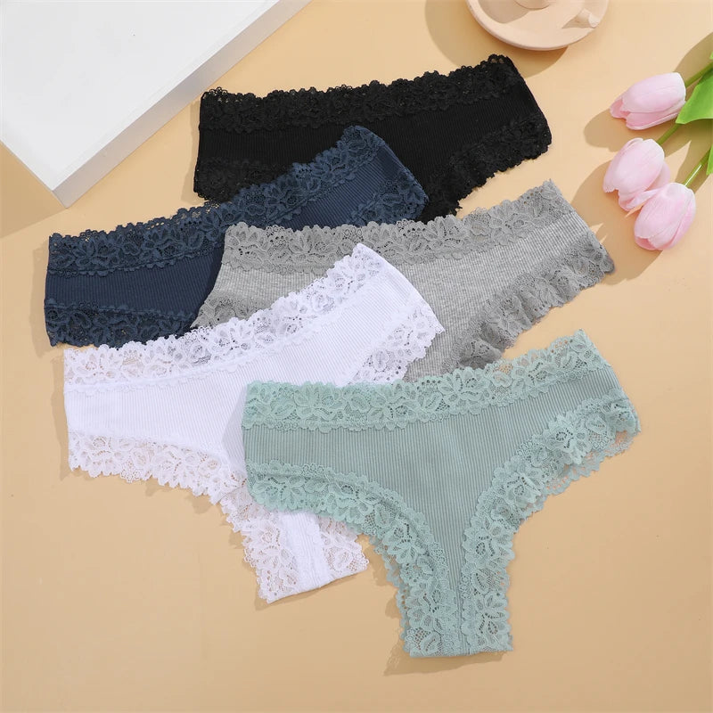 5 PCS Women's Cotton Panties | Floral Lace Patchwork Briefs | Soft Comfortable Underwear S-XL