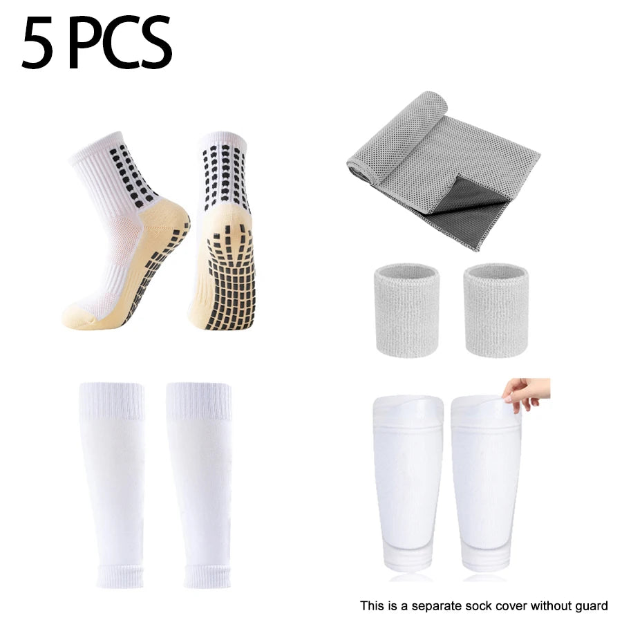 5-Piece Soccer Equipment Set | Sports Socks, Shin Guards, Sock Covers, Wrist Bracer & Towel