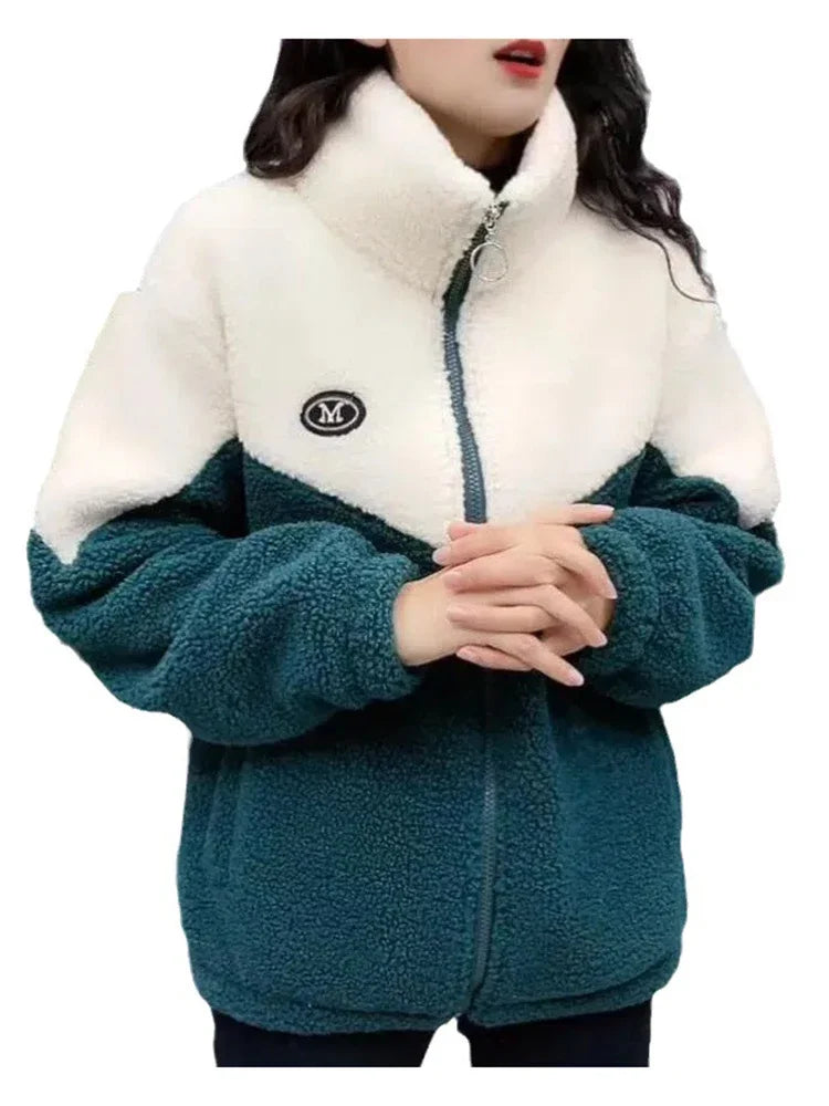 Women Colored Thickened Lamb Fleece Jacket Long Sleeve Mid-Length Quilted Overcoat Autumn Winter