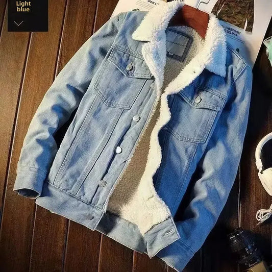 Men’s Vintage Denim Jacket – Loose-Fit Cotton Coat with Fleece Lining for Autumn/Winter