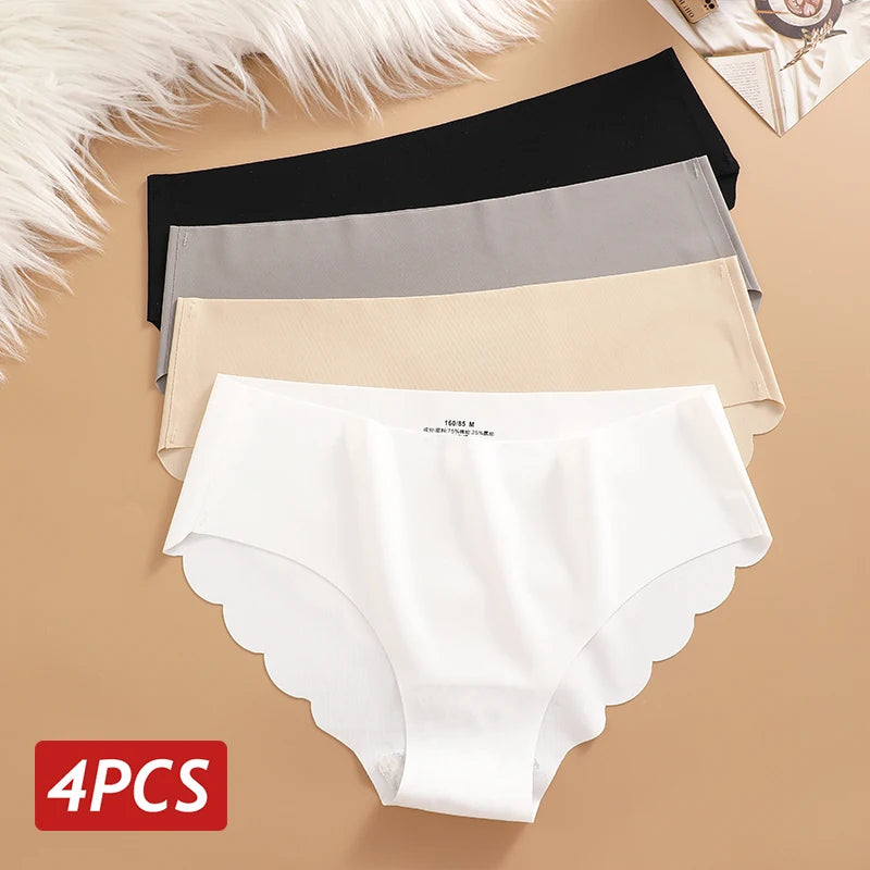 4PCS Set Women's Ice Silk Seamless Panties Solid Color Ultra Thin No Trace Elastic Underwear