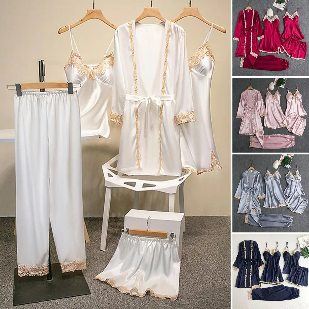 Long & Short Nightgown Set – Elegant Satin Lace 5PCS Women’s Pajama Set with Lace-Up Waist, Silky Comfortable Nightwear