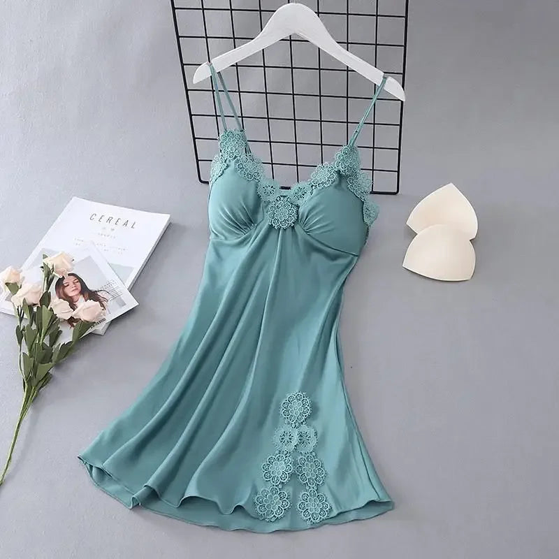 Women's Summer Satin Nightgown | Lace Sleeveless Chemise Sleepwear Dress | Comfortable Loungewear Nightdress