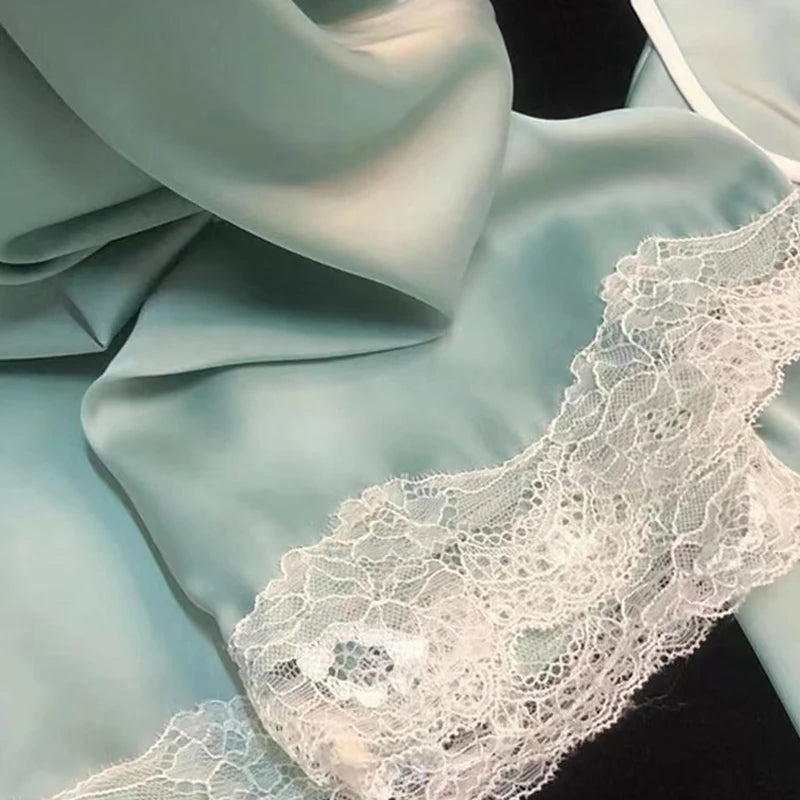 Women’s Silk Satin Pajamas Set – Two-Piece Sleepwear with Lace Trim, Sweet Home Loungewear for Spring & Autumn