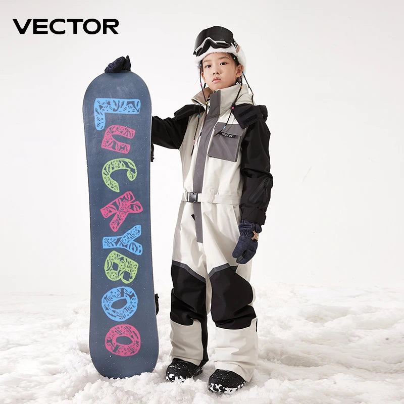Children’s Thick One-Piece Ski Jumpsuit – Waterproof Hooded Snowboard Jacket & Overalls, Warm Winter Outdoor Sports Wear