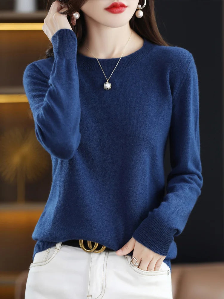 Fashion 100% Merino Wool Cashmere O-Neck Sweater Women Long Sleeve Knitwear