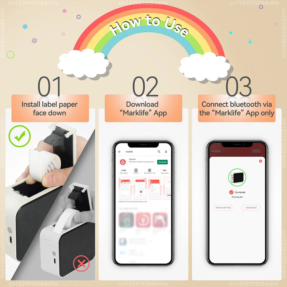 P15 Portable Mini Thermal Label Printer – Wireless Bluetooth Sticker Maker, DIY Barcode & Labeling Machine (No Ink, 3PK Labels)