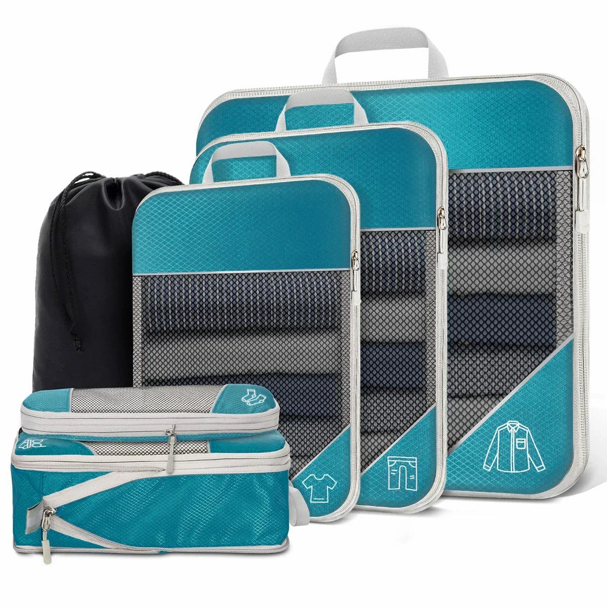 5-6PCS Compressed Packing Cubes Set | Portable Lightweight Travel Luggage Organizer with Shoe Bag & Mesh Storage