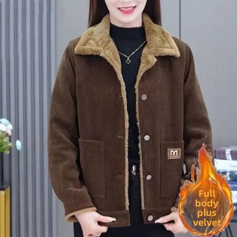Warm Fleece-Lined Jacket for Middle-Aged & Elderly Women Slim Loose Fit Autumn Winter Fashion