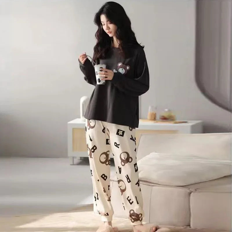 Plus Size Women's Pajama Set | Fall & Winter Long Sleeve Cartoon O-Neck Top & Bottom | Two-Piece Homewear Sleepwear