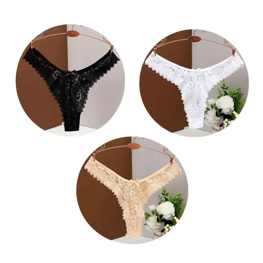 3PC Sexy T-Back Thong Panties for Women – Mid Waist Lace Transparent V-Shape Underwear
