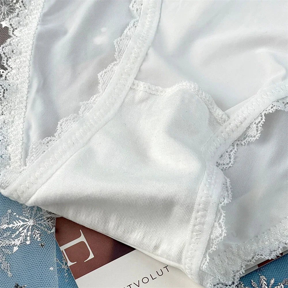 3PCS Women's Traceless Ice Silk Briefs Nylon Lace Trim Low Waist Breathable Cotton Crotch Panties