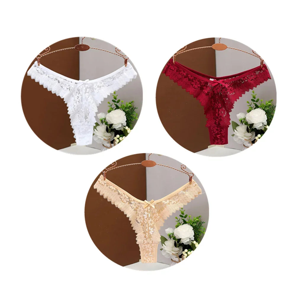 3PC Sexy T-Back Thong Panties for Women – Mid Waist Lace Transparent V-Shape Underwear
