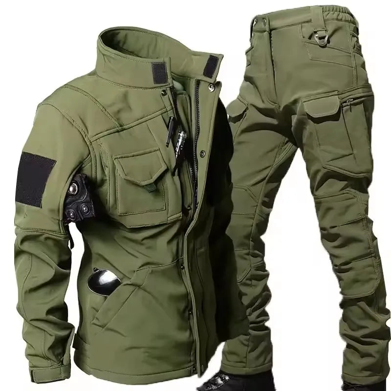 Men’s Waterproof Shark Skin Tactical Fleece Soft-Shell Jacket + Windproof Warm Cargo Pants (2-Piece Set)