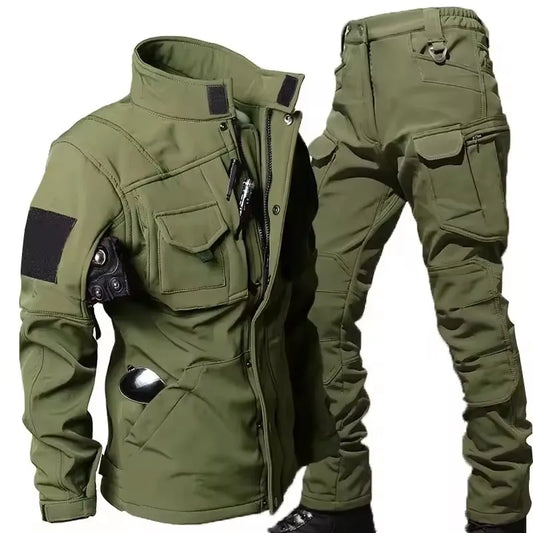 Men’s Waterproof Shark Skin Tactical Fleece Soft-Shell Jacket + Windproof Warm Cargo Pants (2-Piece Set)