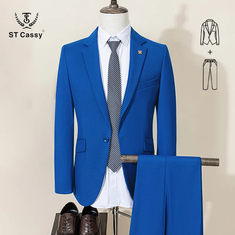 ST Cassy Men's Slim Fit 2-Piece Suit – Solid Color Formal Business & Office Wear