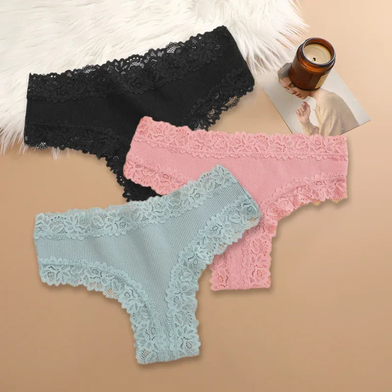 3PCS Women Cotton Lace Panties – Floral Patchwork Soft Briefs, Trendy Intimate Underwear Lingerie S-XL