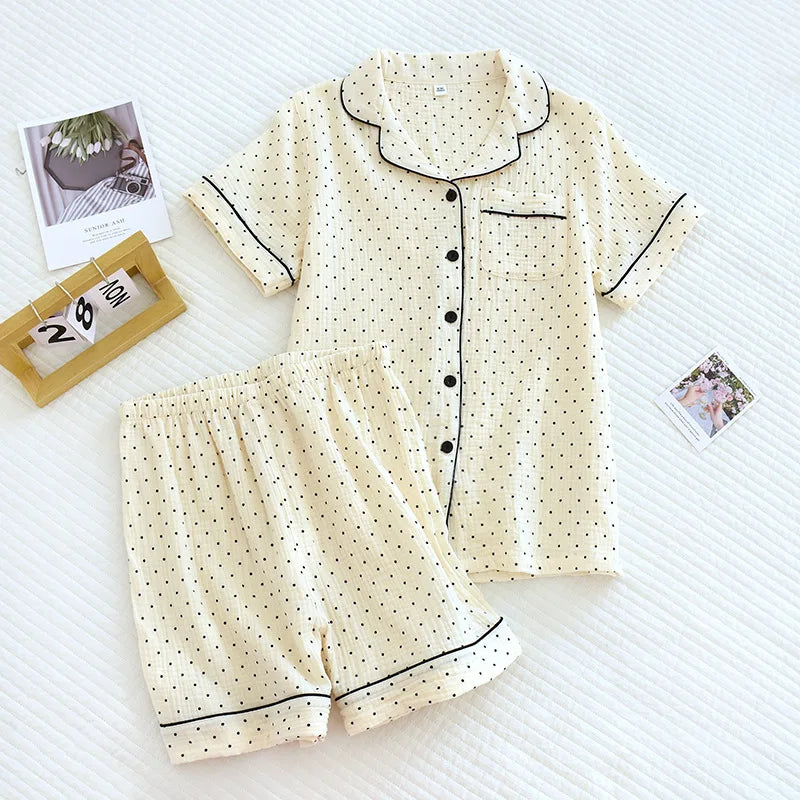 2025 Women's Polka Dot Pajama Set | 100% Cotton Gauze Two-Piece Spring Sleepwear & Loungewear
