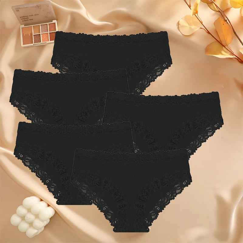 5PCS Set Women's Sexy Lace Cotton Low Rise Floral Panties Seamless Soft Breathable Underwear S-XL