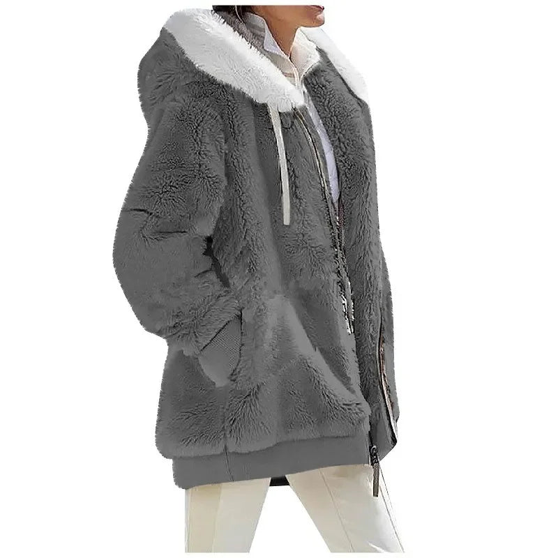 Damen-Freizeitjacke mit Kapuze und Reißverschluss aus Kaschmir-Fleece, einfarbig, für Herbst und Winter