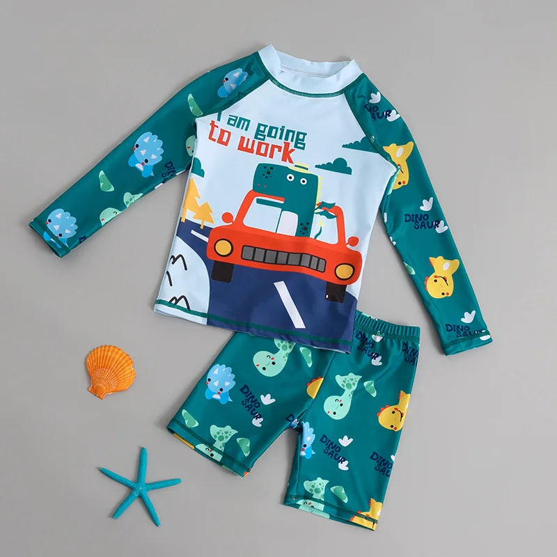 Kids Cartoon Long Sleeve Swimsuit Set Sun Protection Boys Girls Beachwear