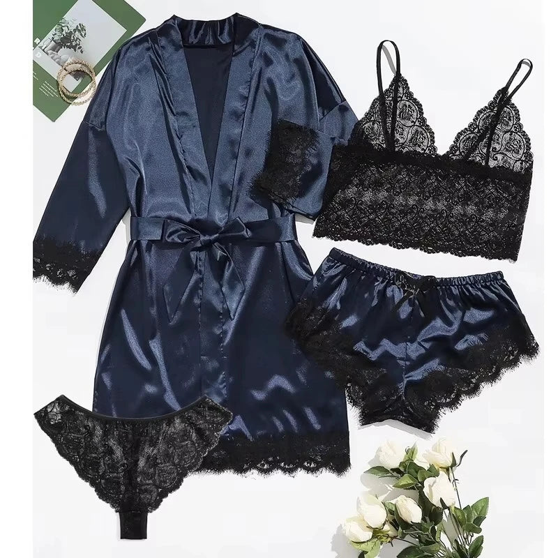 Women's Sexy Lace Trim Faux Silk Satin Pajama Set – Comfortable Loungewear