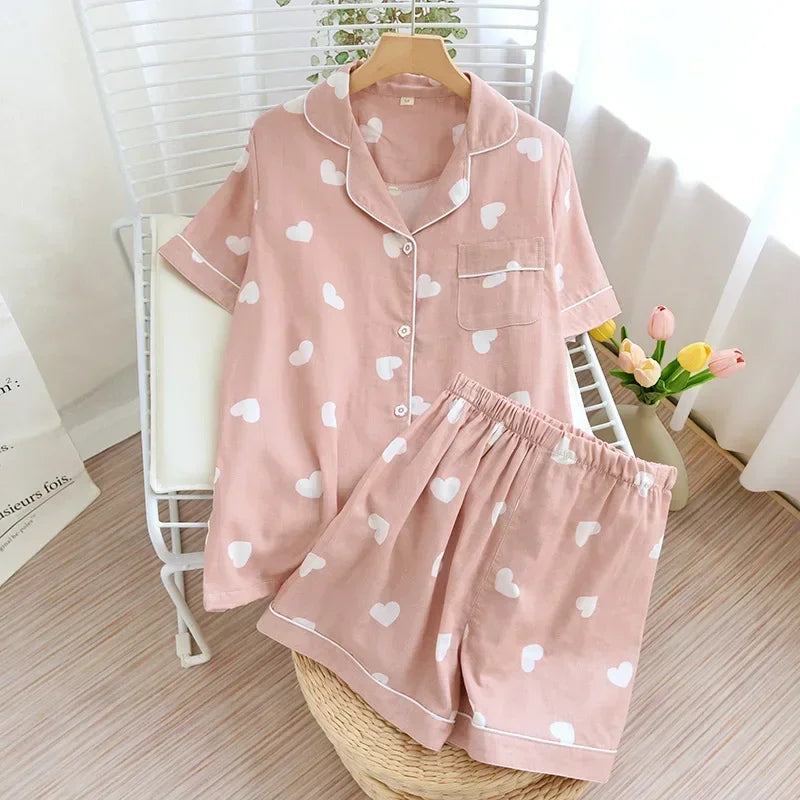 New 100% Cotton Short-Sleeved Pajama Set for Women | Cute Cartoon Japanese-Style Summer Sleepwear