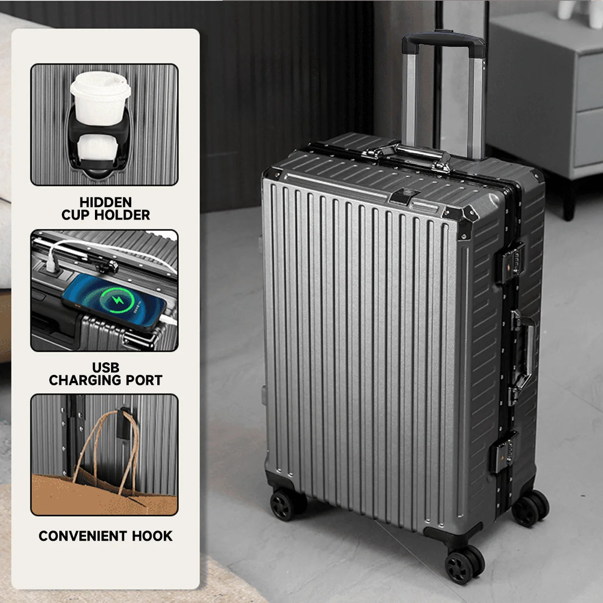 Aluminum Frame Trolley Luggage | Rolling Suitcase with USB & Combination Lock | 20/24/26/28 Inch Carry-On