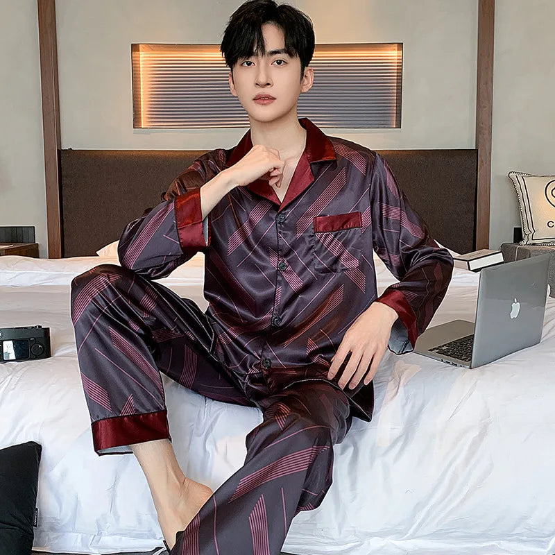 Men's High Quality Pajama Set | Spring & Autumn Thin Ice Silk Polyester Sleepwear | Long Sleeve Plus Size Summer Homewear