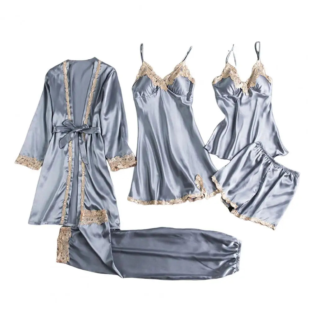 Long & Short Nightgown Set – Elegant Satin Lace 5PCS Women’s Pajama Set with Lace-Up Waist, Silky Comfortable Nightwear