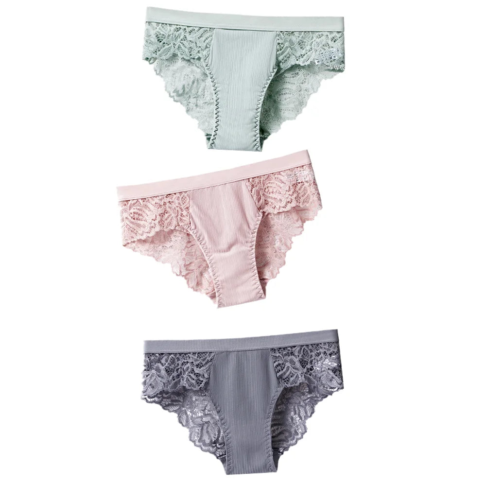 3Pcs Cotton Lace Panties for Women - Sexy Floral Briefs Underwear Lingerie Plus Size