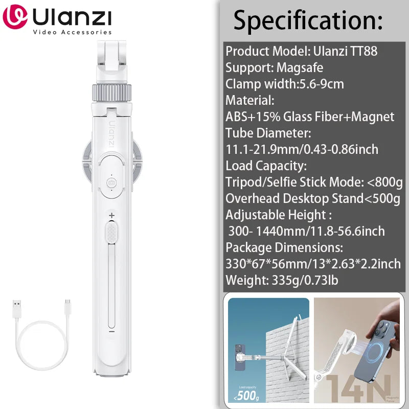 Ulanzi TT88 Overhead Selfie Stick Tripod – 1.44M Phone Tripod with Remote