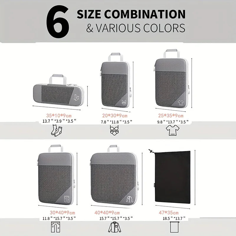 6PCS Travel Packing Cubes Set | Lightweight Compression Luggage Organizer with Shoe Bag & Mesh Clothes Storage
