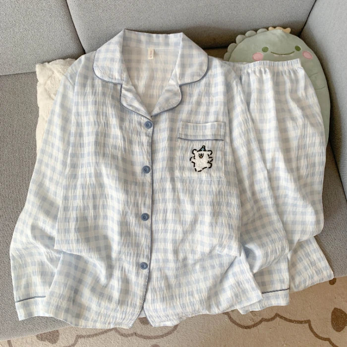 Autumn Women's Plaid Pajama Set | Korean Style Embroidered Dog 2-Piece Soft Vintage Sleepwear