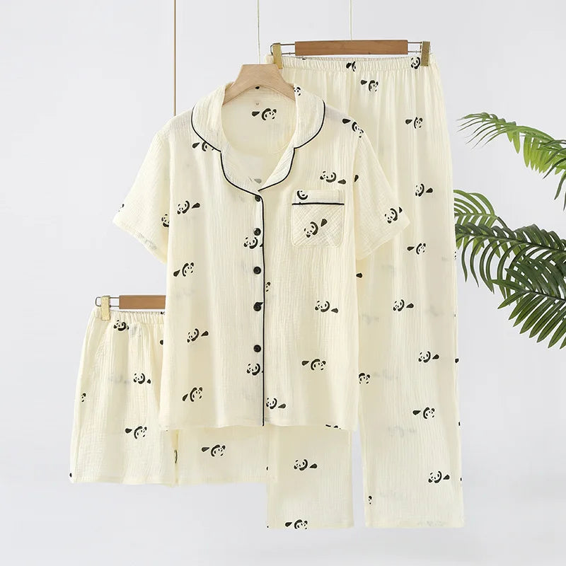 Summer Women's Pajama Set | 3-Piece 100% Gauze Cotton Sleepwear with Short Sleeve Top, Long Pants & Shorts