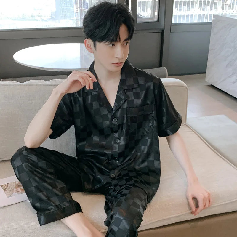 Men's High Quality Pajama Set | Spring & Autumn Thin Ice Silk Polyester Sleepwear | Long Sleeve Plus Size Summer Homewear