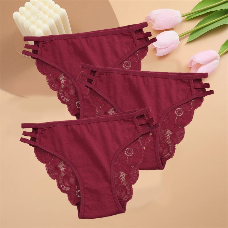 FINETOO 3PCS Women's Lace Floral Low-Waist Triple Belt Panties Soft Sexy Lingerie Underwear