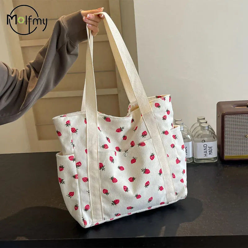 Women’s Strawberry Corduroy Handbag • Cute Fashion Shoulder Tote • Versatile Casual & Commuter Bag